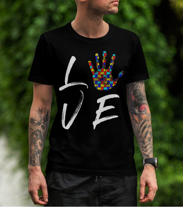 Love Autism Awareness Puzzle Hand T-Shirt