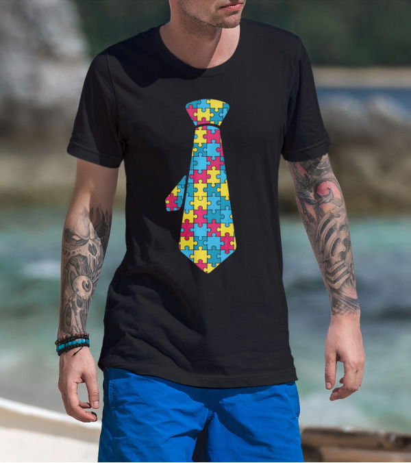 Autism Awareness Puzzle Pattern Tie T-Shirt