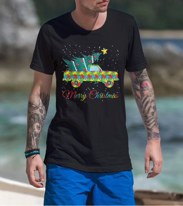 Merry Christmas Puzzle Pickup Truck With Tree Autism Awareness T-Shirt