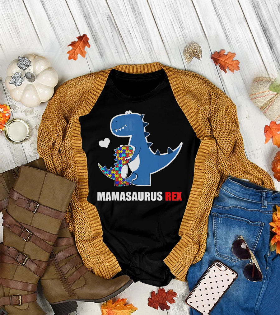 Mamasaurus Rex Autism Awareness Puzzle Heart T-Shirt