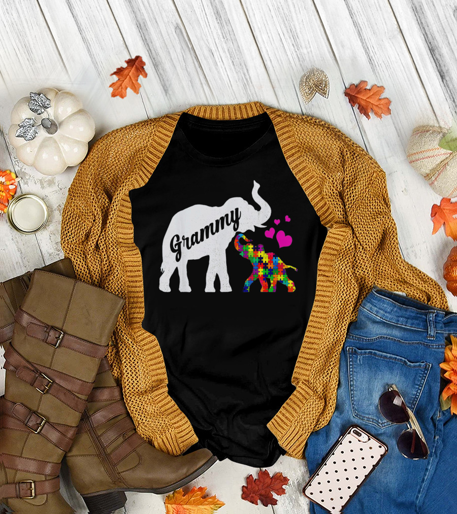 Grammy Elephant with Colorful Puzzle Piece Baby and Hearts for Autism Awareness T-Shirt