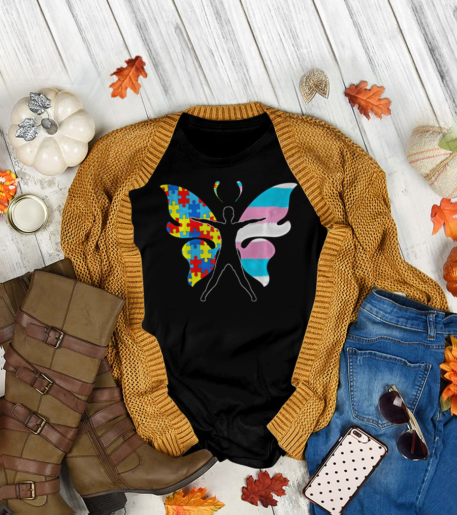 Autism Awareness Puzzle Butterfly with Transgender Flag Wings T-Shirt
