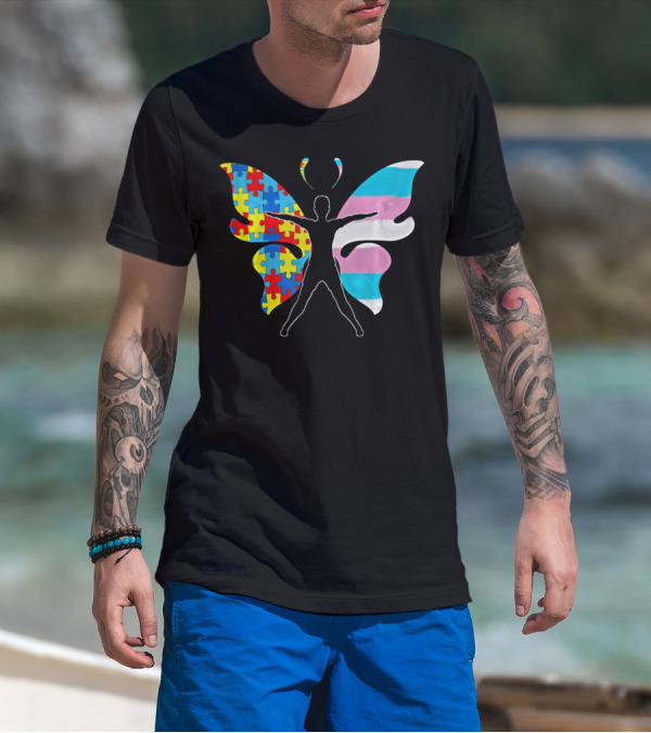 Autism Awareness Puzzle Butterfly With Transgender Flag Wings T-Shirt