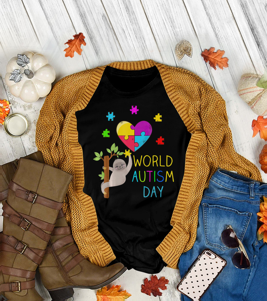 World Autism Day Sloth Heart Puzzle Pieces T-Shirt