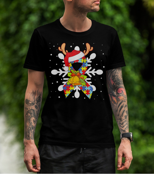 Snowflake Puzzle Ribbon With Santa Hat And Autism Awareness T-Shirt