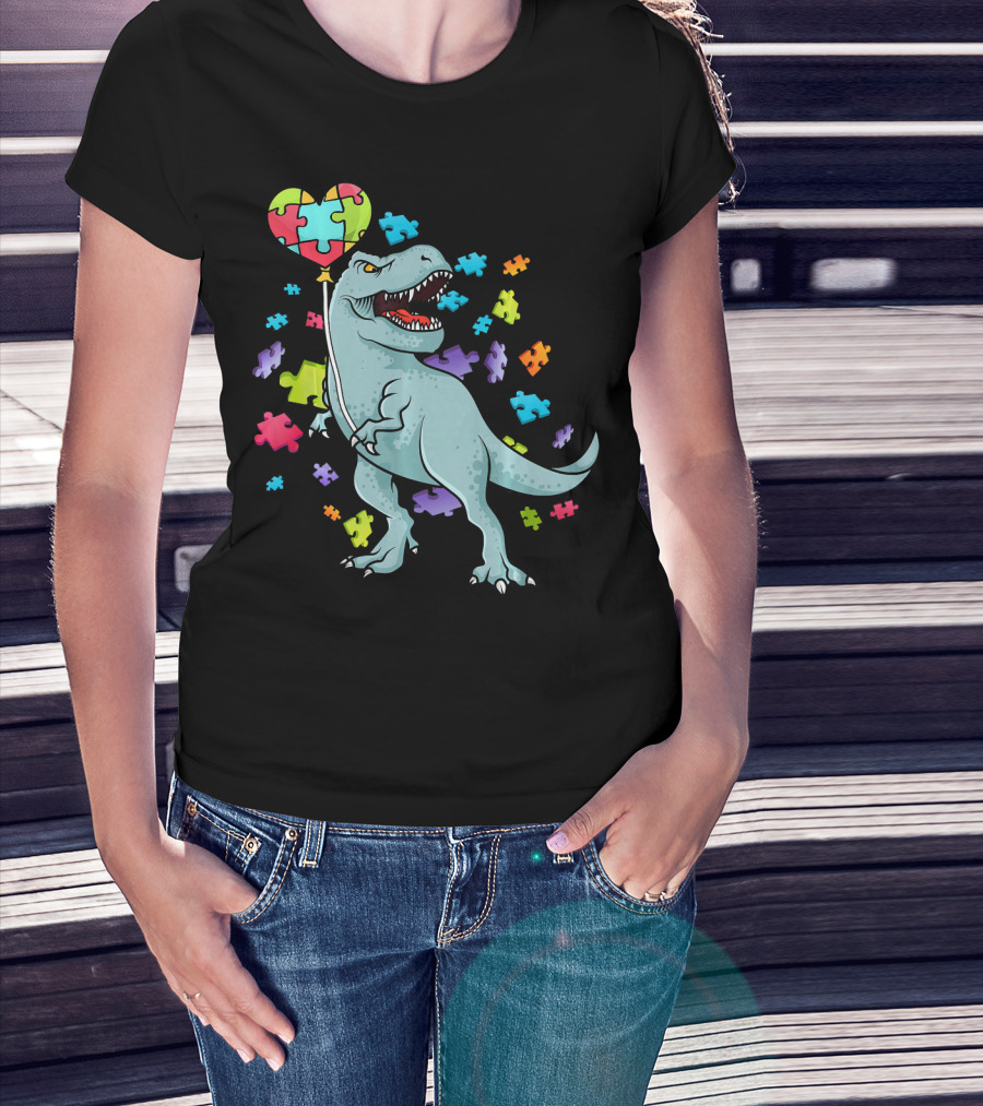 Autism Awareness Dinosaur With Puzzle Heart Balloon And Colorful Puzzle Pieces T-Shirt