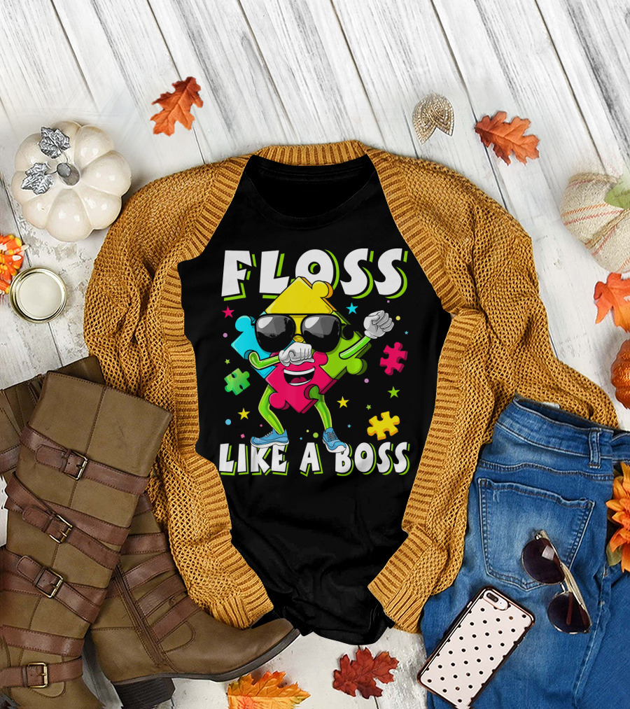 Floss Like A Boss Autism Awareness Puzzle Dance T-Shirt