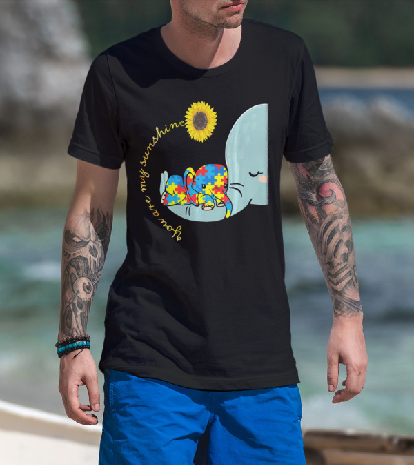You Are My Sunshine Autism Awareness Elephant Puzzle Sunflower T-Shirt