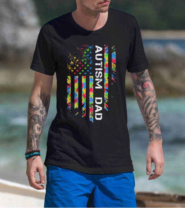 Autism Dad Puzzle Piece Flag USA Awareness T-Shirt