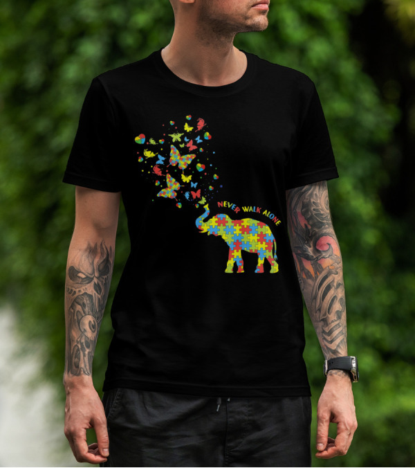 Elephants And Butterflies Autism Awareness Never Walk Alone T-Shirt