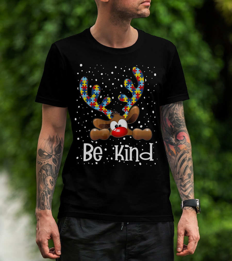 Be Kind Autism Awareness Reindeer With Puzzle Piece Antlers T-Shirt