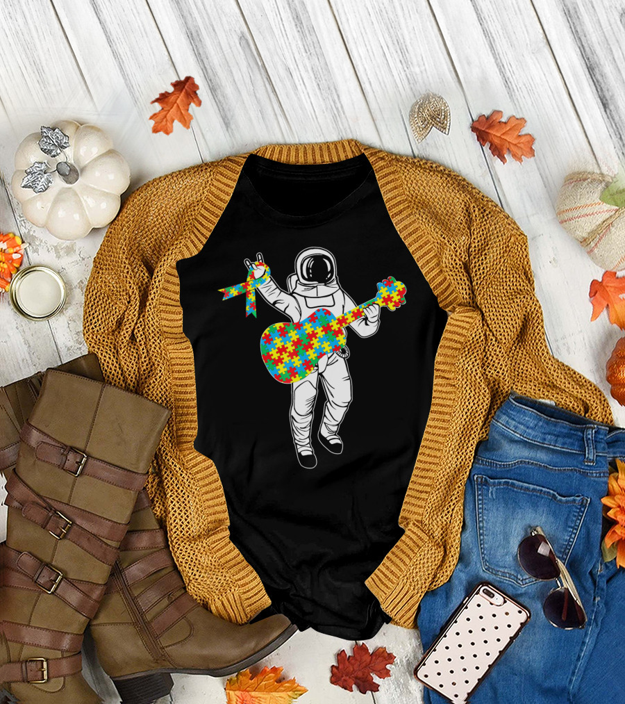 Astronaut Playing Guitar Autism Awareness Puzzle Ribbon Space T-Shirt