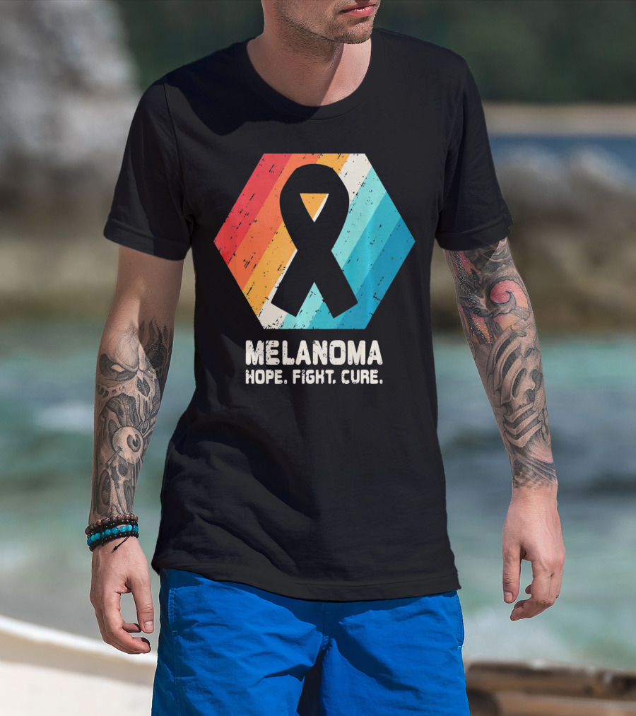 Melanoma Hope Fight Cure Awareness Ribbon Retro Stripe T-Shirt