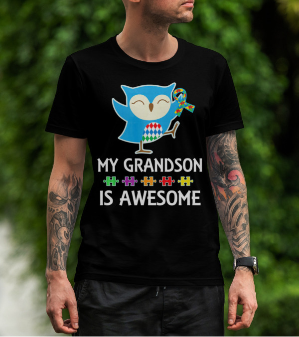Autism Awareness My Grandson Is Awesome Owl Puzzle T-Shirt
