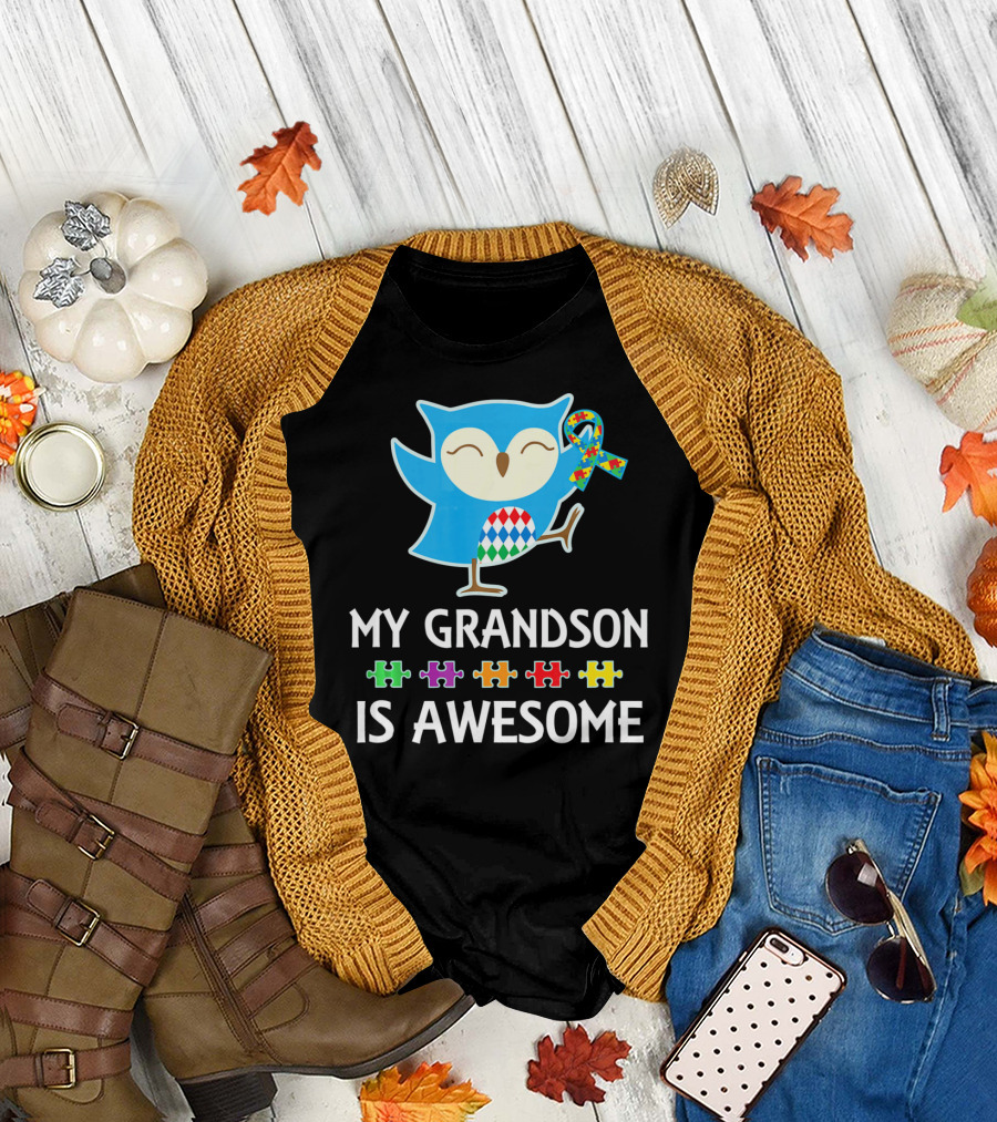 Autism Awareness My Grandson Is Awesome Owl Puzzle T-Shirt