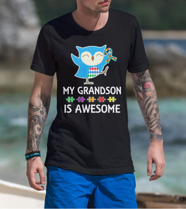 Autism Awareness My Grandson Is Awesome Owl Puzzle T-Shirt