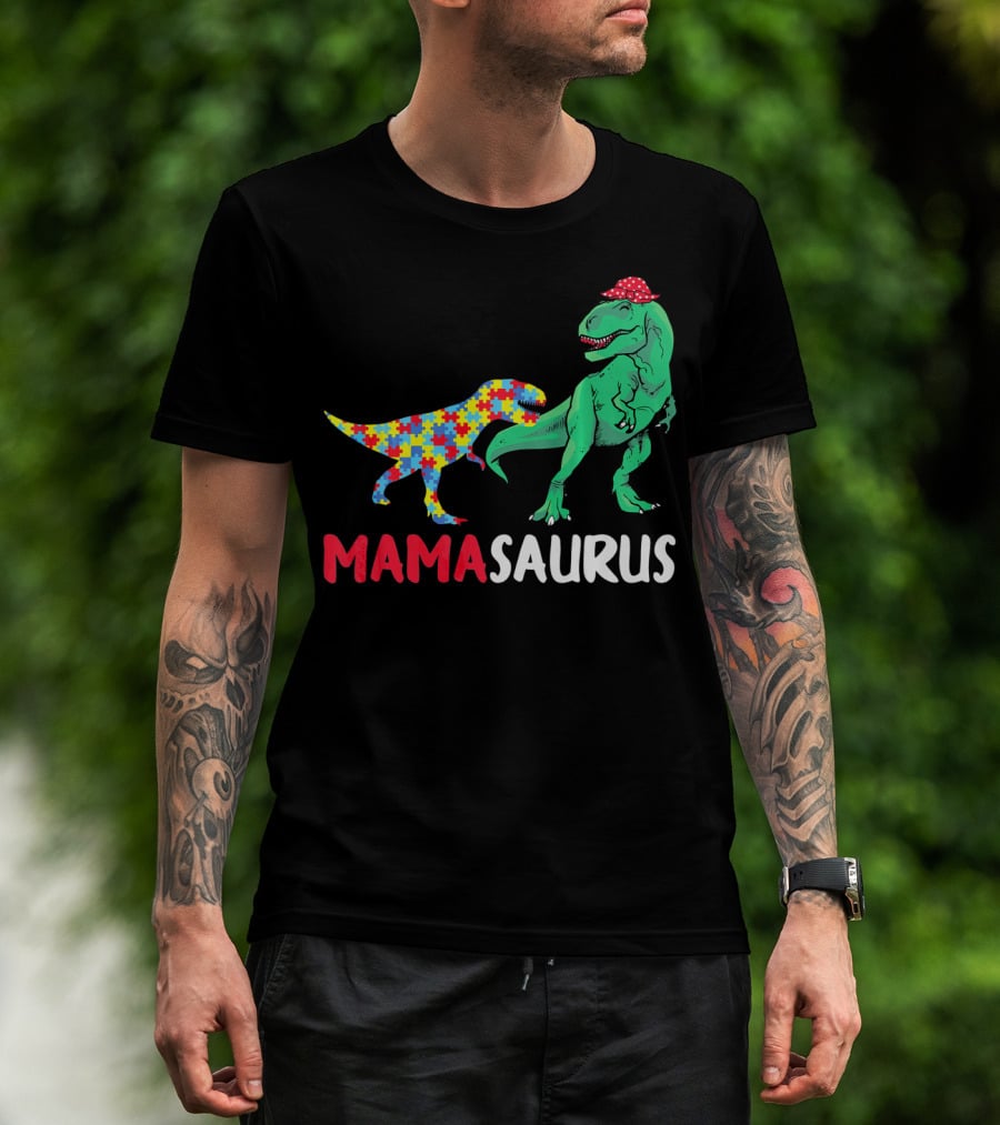 Mamasaurus Mama Dinosaur Puzzle Pattern Autism Awareness T-Shirt