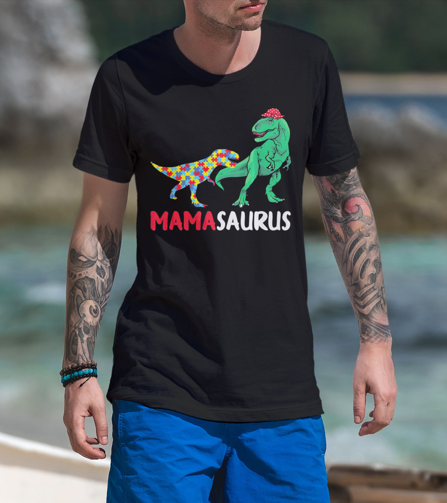 Mamasaurus Mama Dinosaur Puzzle Pattern Autism Awareness T-Shirt