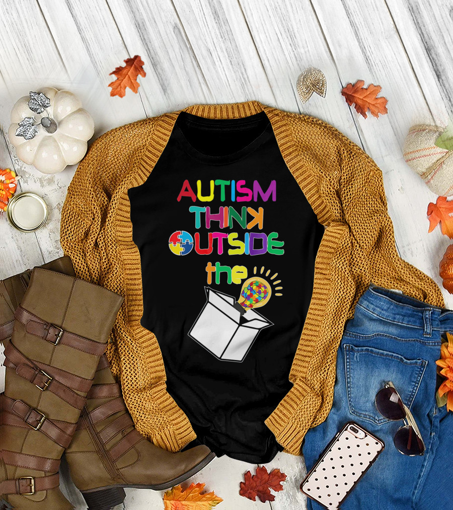 Autism Think Outside the Box Puzzle Piece Lightbulb Awareness T-Shirt