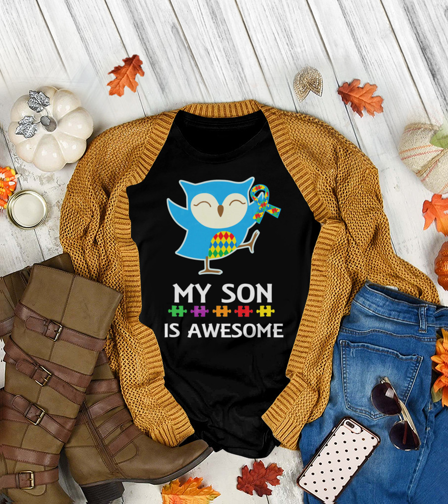 My Son Is Awesome Autism Awareness Owl with Puzzle T-Shirt