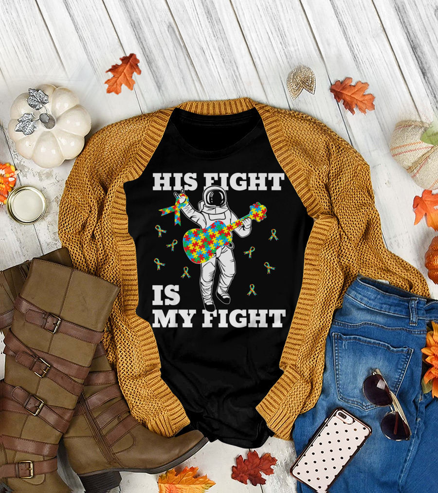 His Fight Is My Fight Autism Awareness Astronaut with Puzzle Guitar T-Shirt