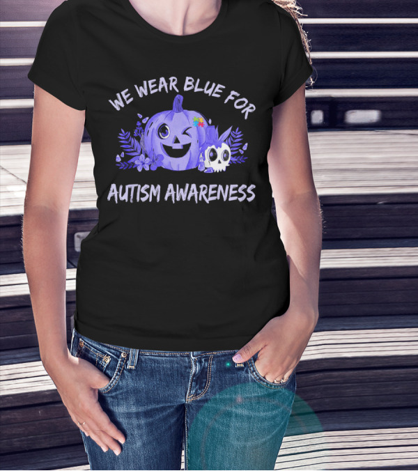 We Wear Blue For Autism Awareness Pumpkin Winking Face T-Shirt