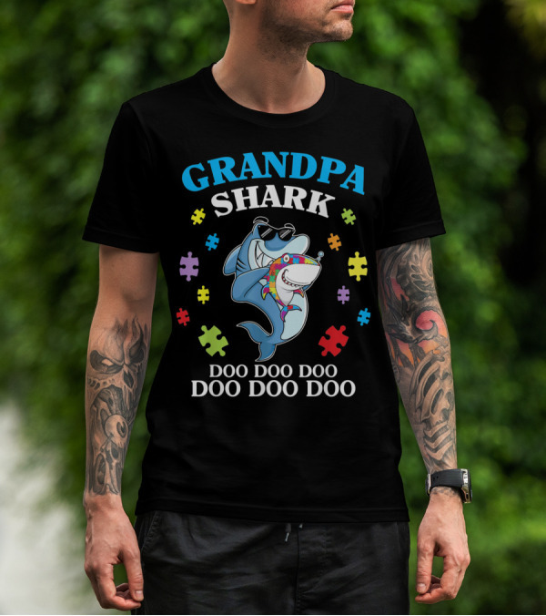Grandpa Shark Doo Doo Doo Doo Funny Autism Puzzle Pieces T-Shirt