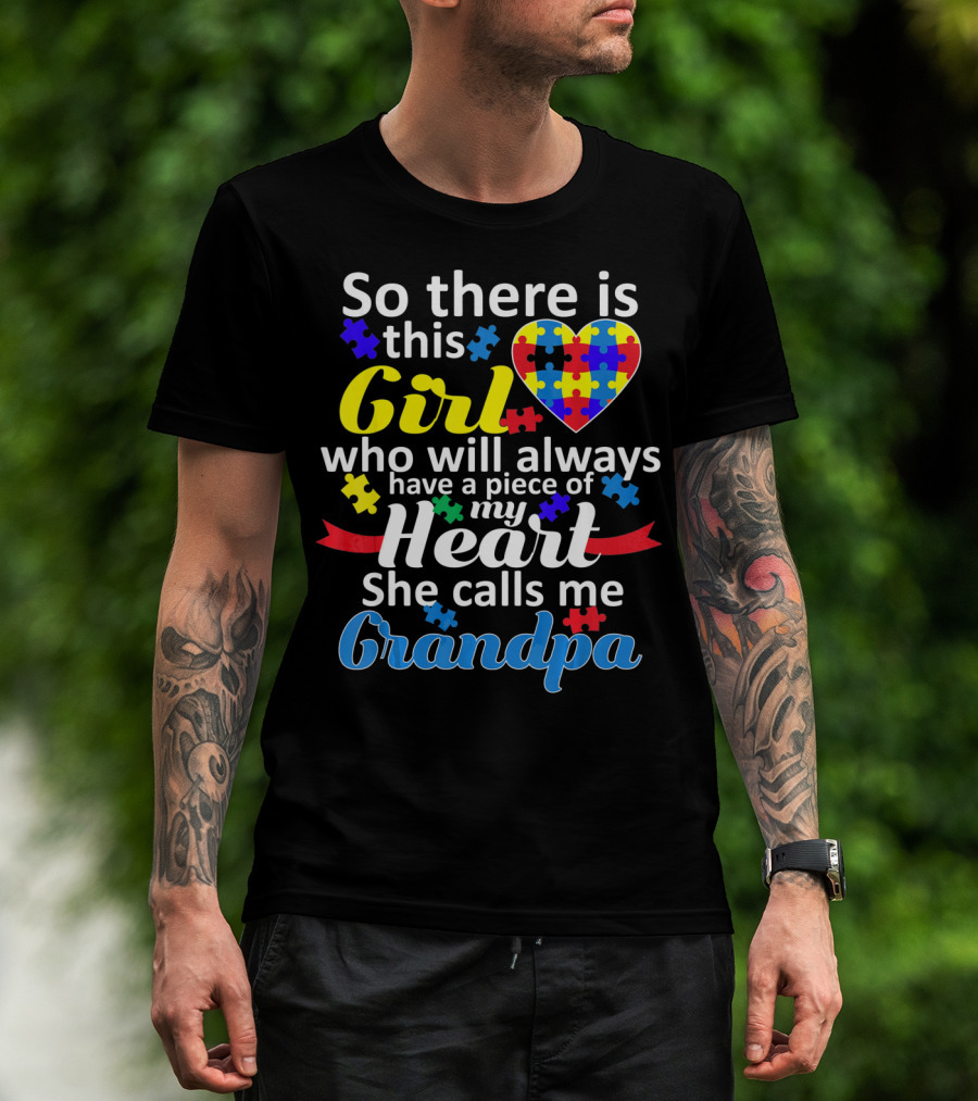 Autism Awareness Puzzle Heart Girl Grandpa T-Shirt