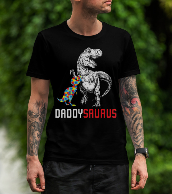 Daddysaurus Dinosaur With Colorful Puzzle Autism Awareness Dad T-Shirt