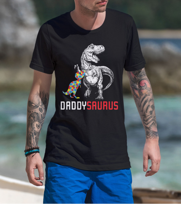 Daddysaurus Dinosaur With Colorful Puzzle Autism Awareness Dad T-Shirt
