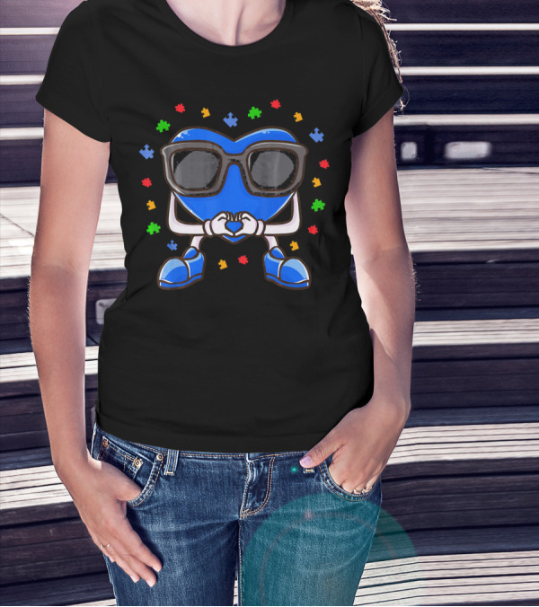 Autism Awareness Month Blue Heart Love Glasses Puzzle Pieces T-Shirt