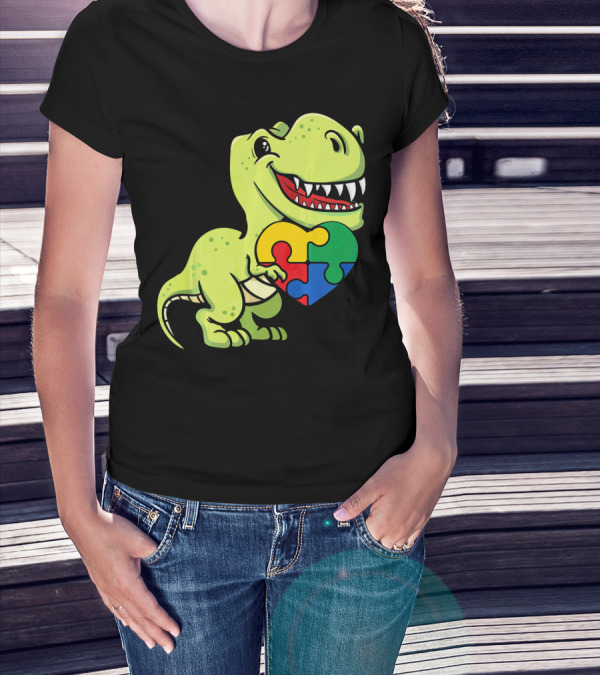 Autism Awareness Day Dinosaur T-Rex Holding Puzzle Heart T-Shirt