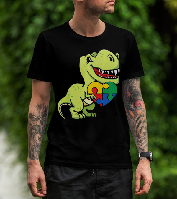 Autism Awareness Day Dinosaur T-Rex Holding Puzzle Heart T-Shirt