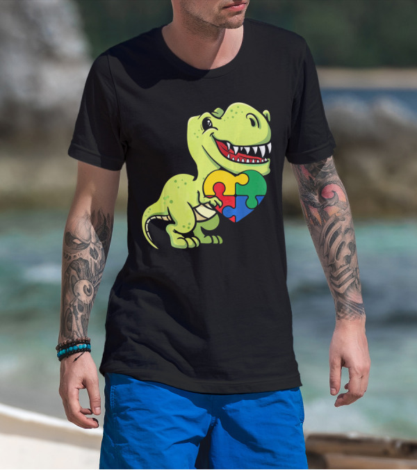 Autism Awareness Day Dinosaur T-Rex Holding Puzzle Heart T-Shirt