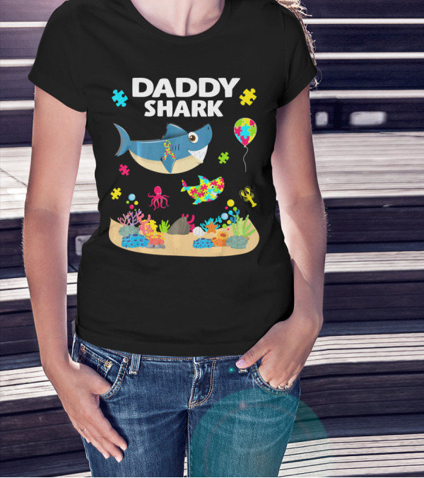 Daddy Shark Funny Autism Awareness Underwater Scene With Balloons And Puzzle Pieces T-Shirt