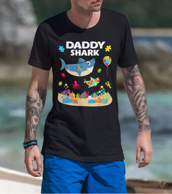 Daddy Shark Funny Autism Awareness Underwater Scene With Balloons And Puzzle Pieces T-Shirt