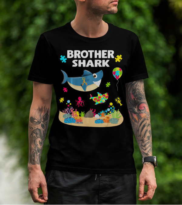 Brother Shark Autism Awareness Puzzle Underwater Scene T-Shirt