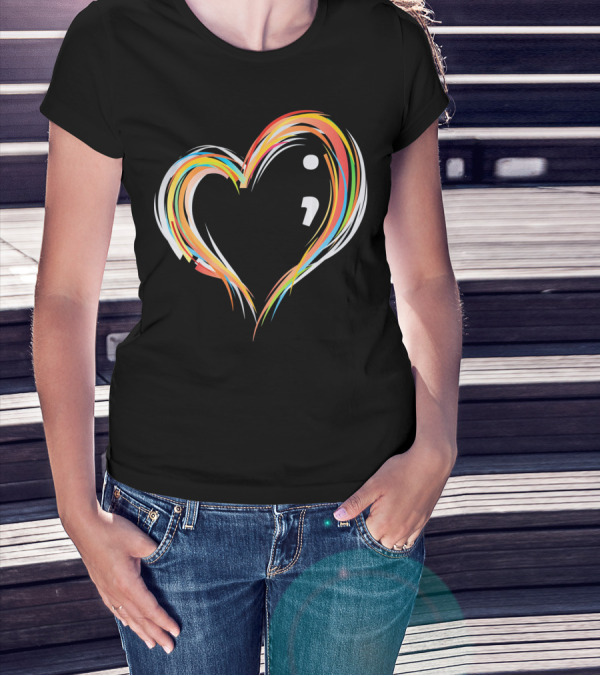 Heart Semicolon Rainbow Design For Mental Health Awareness T-Shirt