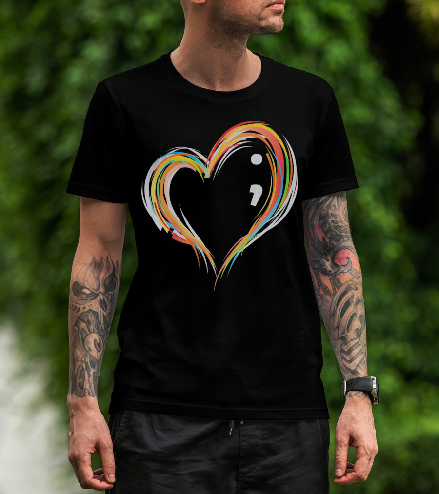 Heart Semicolon Rainbow Design For Mental Health Awareness T-Shirt