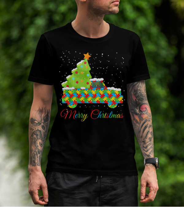 Merry Christmas Puzzle Truck Autism Awareness T-Shirt