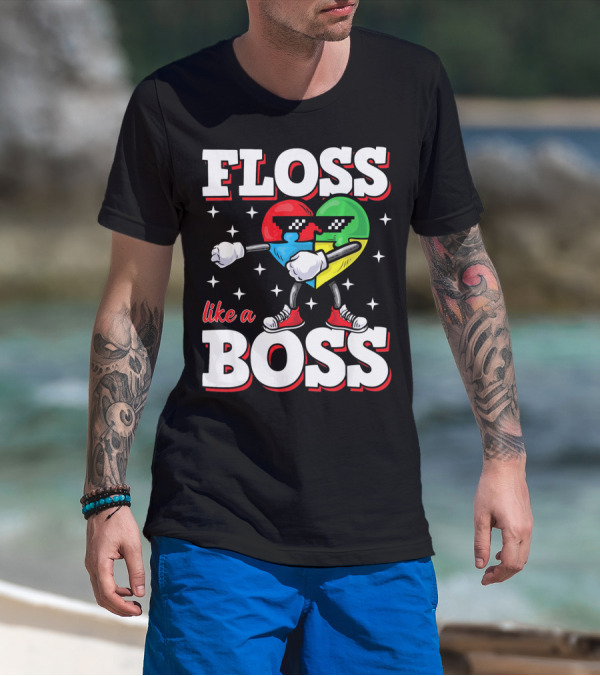 Floss Like A Boss Autism Awareness Heart With Cool Sunglasses T-Shirt