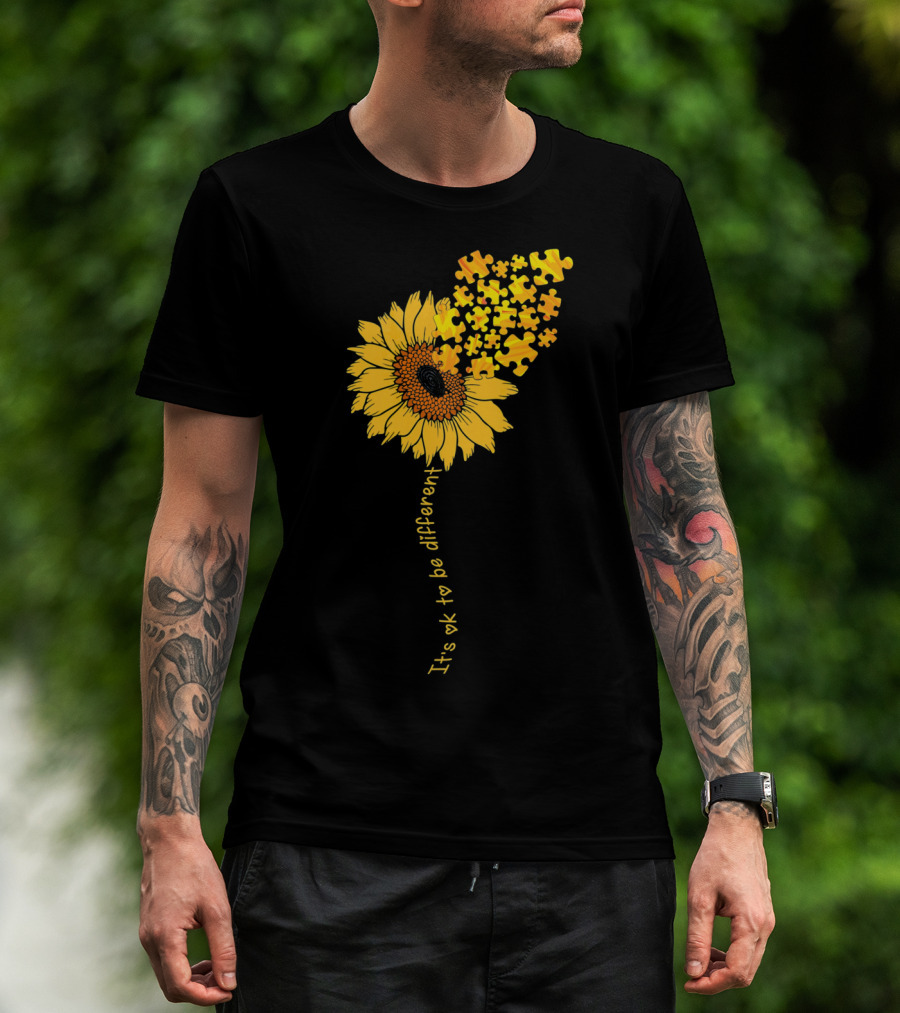 Love Sunflower Puzzle It's OK To Be Different Autism Awareness T-Shirt