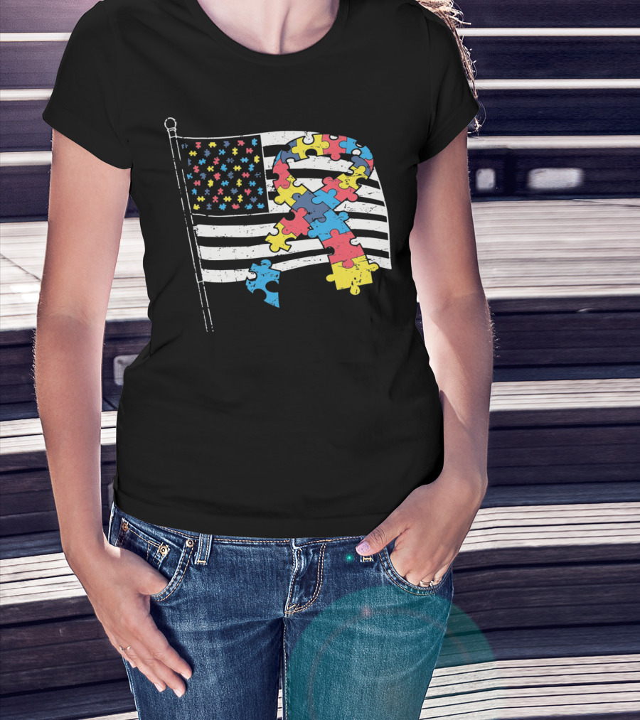 American Distressed Flag Puzzle Ribbon Autism Awareness T-Shirt