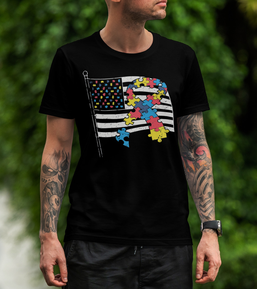American Distressed Flag Puzzle Ribbon Autism Awareness T-Shirt