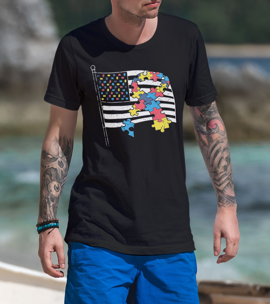American Distressed Flag Puzzle Ribbon Autism Awareness T-Shirt