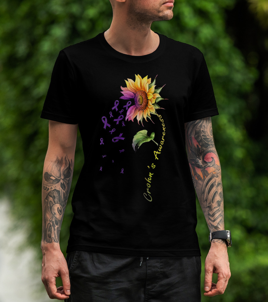 Crohn's Awareness Sunflower With Purple Ribbons T-Shirt