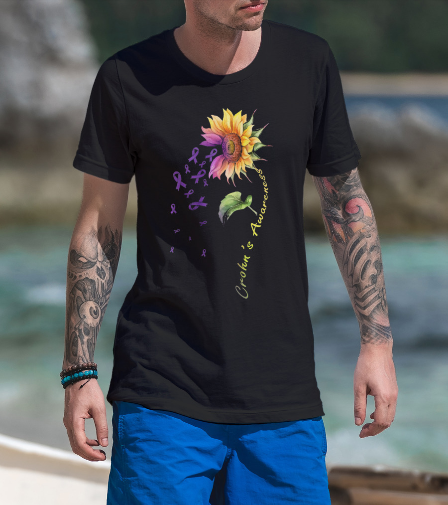 Crohn's Awareness Sunflower With Purple Ribbons T-Shirt