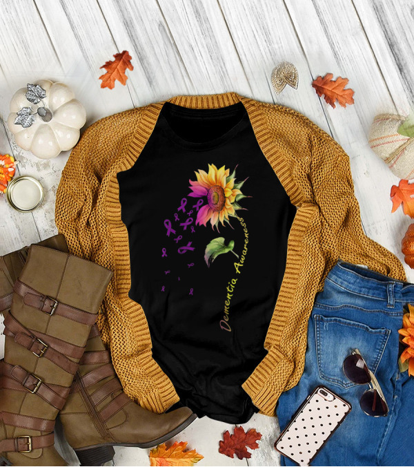 Dementia Awareness Sunflower With Purple Ribbons T-Shirt