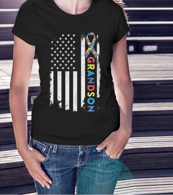 Autism Awareness American Flag Grandson Kids T-Shirt