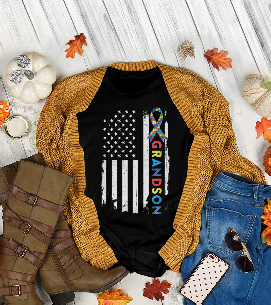 Autism Awareness American Flag Grandson Kids T-Shirt